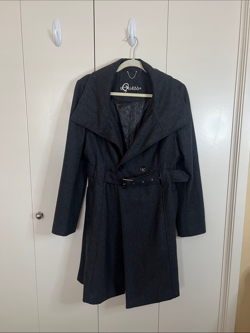 Guess Charcoal Gray Double-Breasted Belted Trench Coat